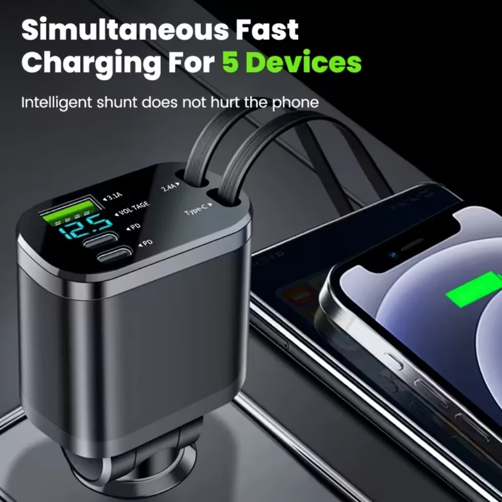 5-in-1 Fast Car Charger with 2 Retractable USB-C Cables, Dual USB-C PD Ports